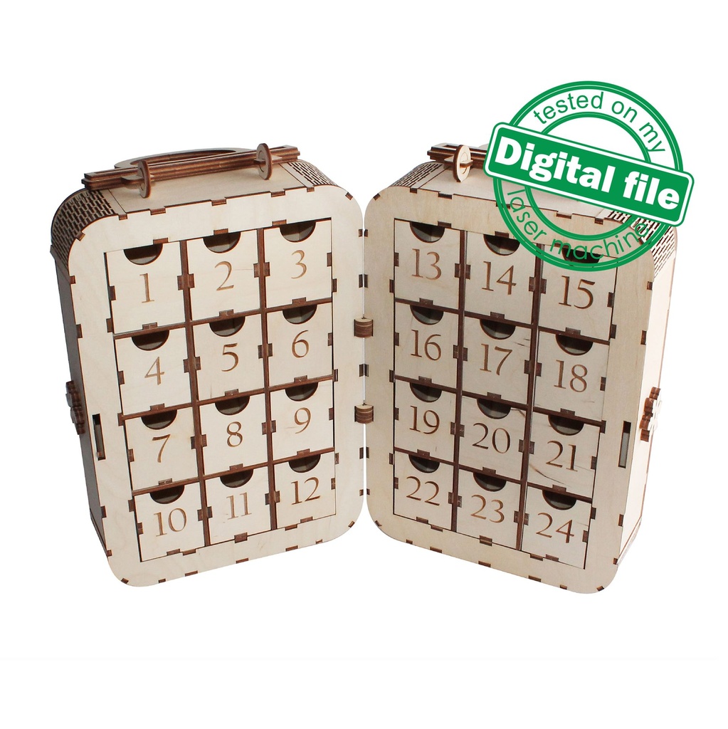 DXF, SVG file for laser Advent calendar Vintage Suitcase, Christmas bell with bow, snowflakes, holly night, poinsettia Plywood or MDF 3.2 mm