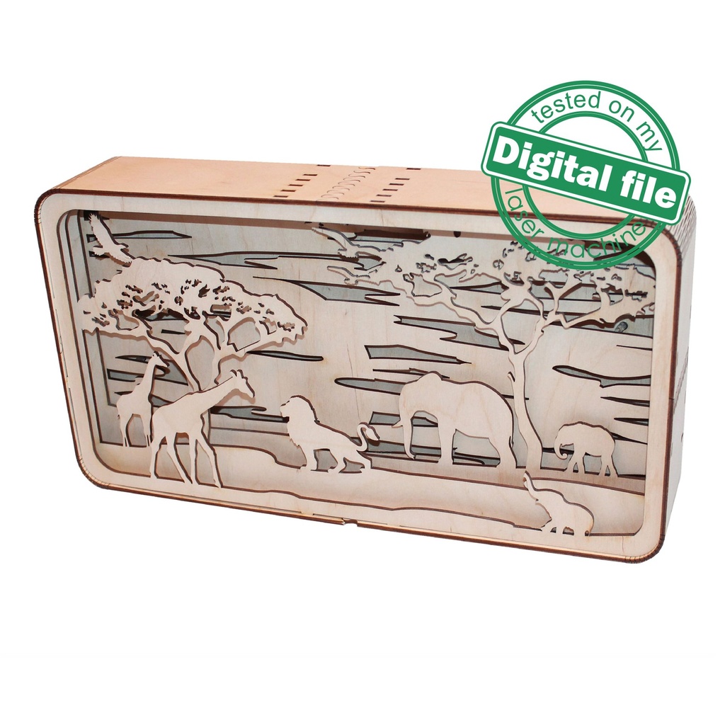 DXF, SVG files Light box Africa, Giraffe, elephant, lion, baobab, flexible plywood, Glowforge ready file, Material thickness 3.2 mm