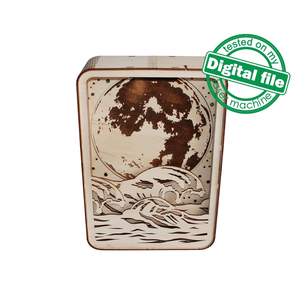 DXF, SVG files for Light box Waves, Engraved Moon, Glowing moon, Multilayered Wood Sculptures, flexible plywood, Glowforge ready file