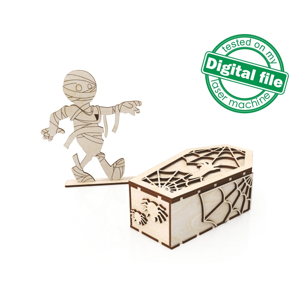 DXF, SVG files for laser 2 designs Halloween boxes & mummy, Vector project, Glowforge, Material thickness 1/8 inch (3.2 mm)