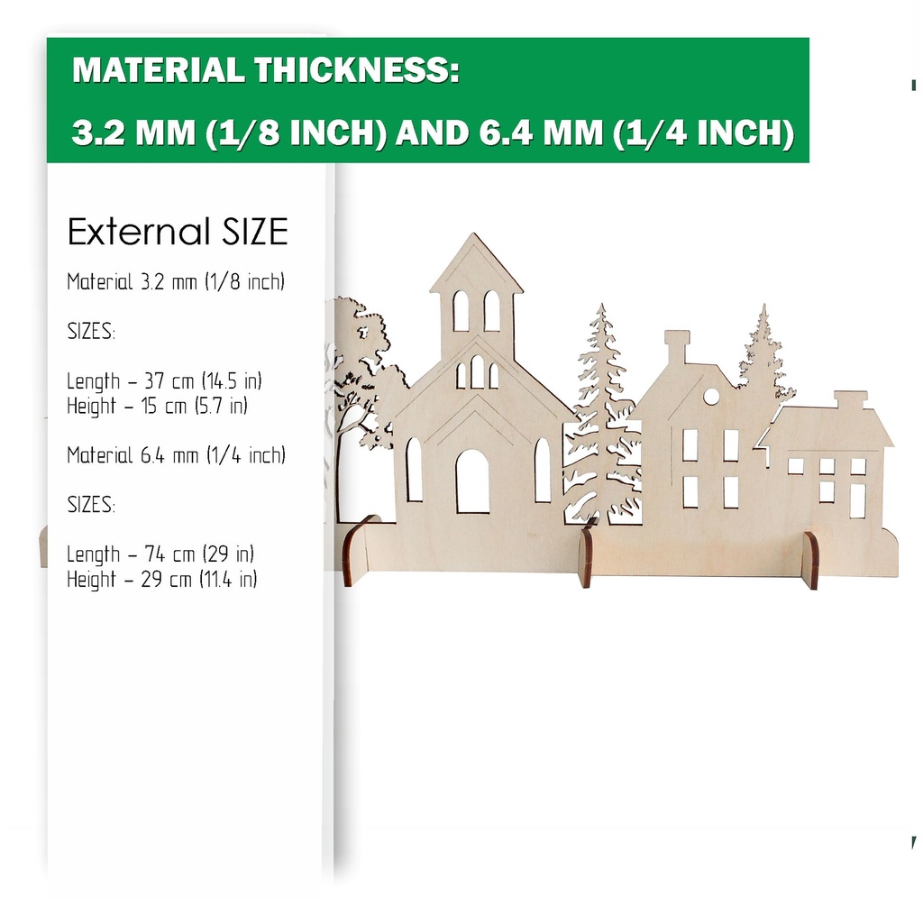 DXF, SVG files for laser Christmas Decoration, Village, Old town, Church, Deer, Winter forest, 5 Designs, Material thickness 3.2 / 6.4 mm