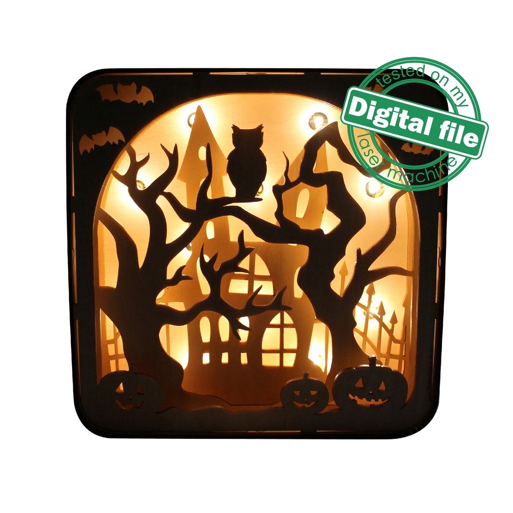 DXF, SVG files for laser Light box Halloween, Old castle, Pumpkins, Scary trees, Owl, Shadow box, Glowforge, Material 1/8 inch (3.2 mm)