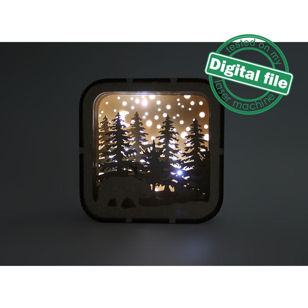 DXF, SVG files for laser Tiny cute christmas Light box in the Gift Box, Bear family, Winter Forest, Glowforge, Material 1/8 inch (3.2 mm)