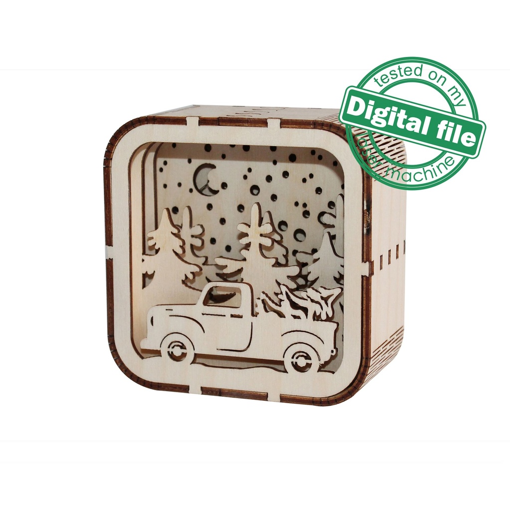 DXF, SVG files for laser Tiny cute christmas Light box in the Gift Box, Retro Vintage truck, Glowforge, Material thickness 1/8 inch (3.2 mm)