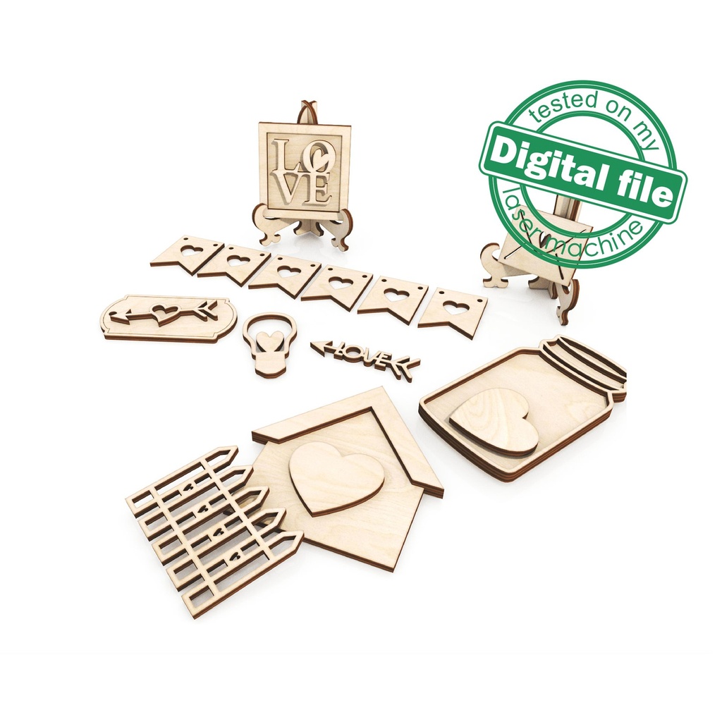 SVG, DXF, PDF Laser cut files Love tiered tray decor, Mega Bundle Sign Pack, Diy paint kit, Basket tags, Material thickness 3.2 mm