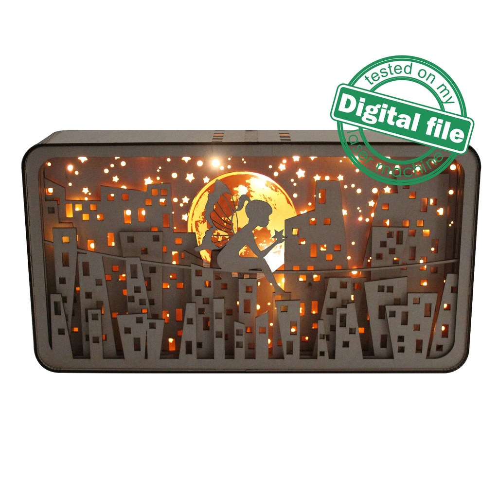 DXF files Large Shadow Box, Children's Night Light, Night City, Engraved Moon, svg Files, Multilayered Wood Sculptures, Plywood/MDF 3mm