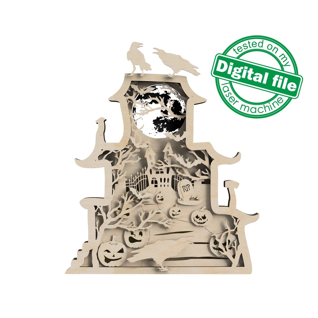 DXF, SVG files for laser Light Halloween Decor, Haunted House, Pumpkins, Scary Trees, Graveyard, Old Castle, Crow, Glowing moon