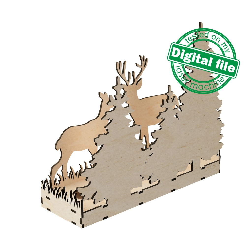 DXF, SVG files for laser Сandle holder Deer family in Winter Forest, Christmas Decoration, Led lantern, Material 1/8 inch (3.2 mm)