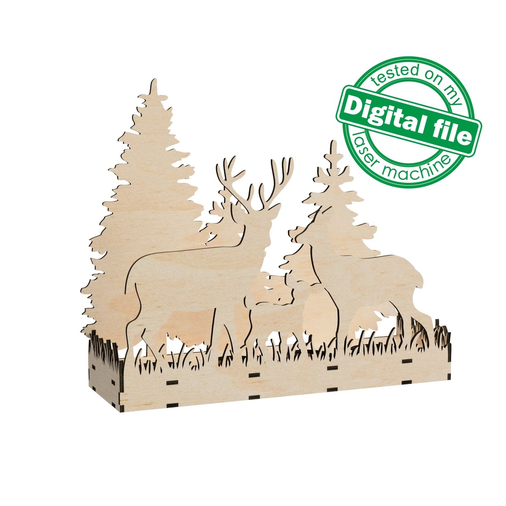 DXF, SVG files for laser Сandle holder Deer family in Winter Forest, Christmas Decoration, Led lantern, Material 1/8 inch (3.2 mm)