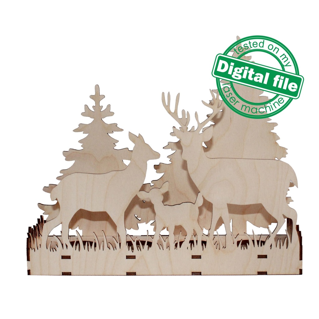 DXF, SVG files for laser Сandle holder Deer family in Winter Forest, Christmas Decoration, Led lantern, Material 1/8 inch (3.2 mm)