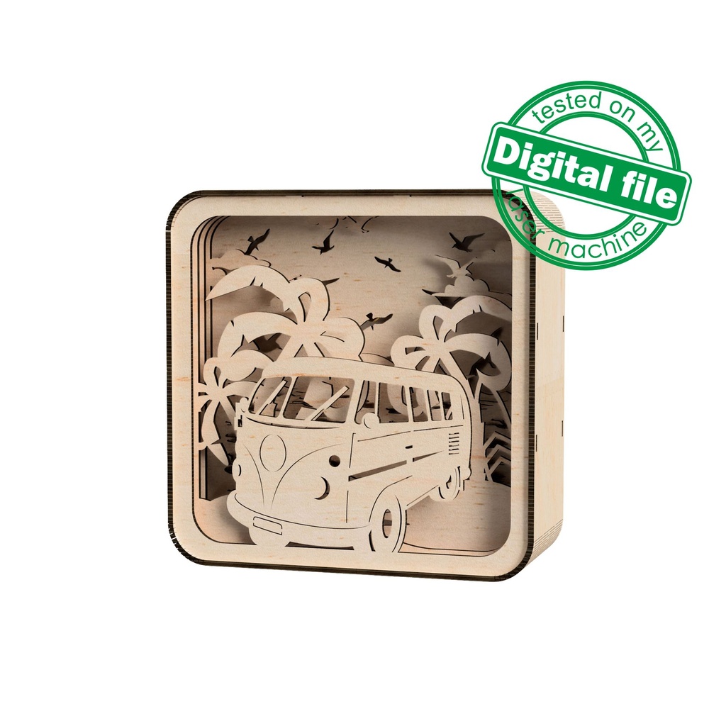 DIY Lightbox Beach vibe, surf, palm trees, Volkswagen bus Shadow Box, Two different sizes DXF, SVG files for laser, Material 1/8'' (3.2mm)