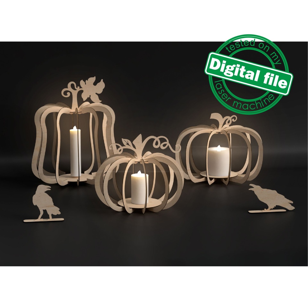 DXF, SVG files for laser Wooden Pumpkin Lanterns, Fall Decoration, Harvest 3D Puzzle, 3 Different Design, Crows, Halloween, Thanksgiving Day