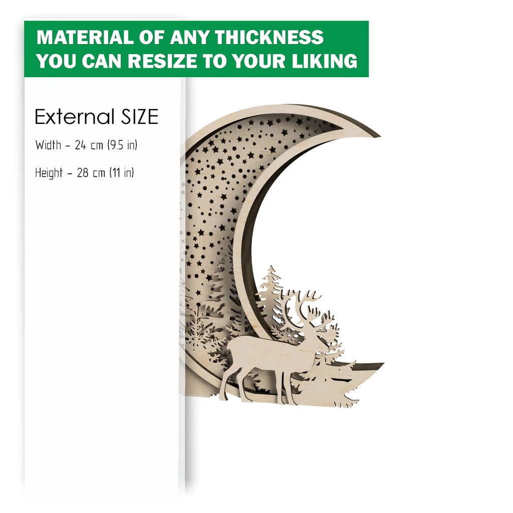 DXF, SVG files for laser or plotter cutting Glowing Christmas decoration, winter forest, reindeer, crescent moon, starry night