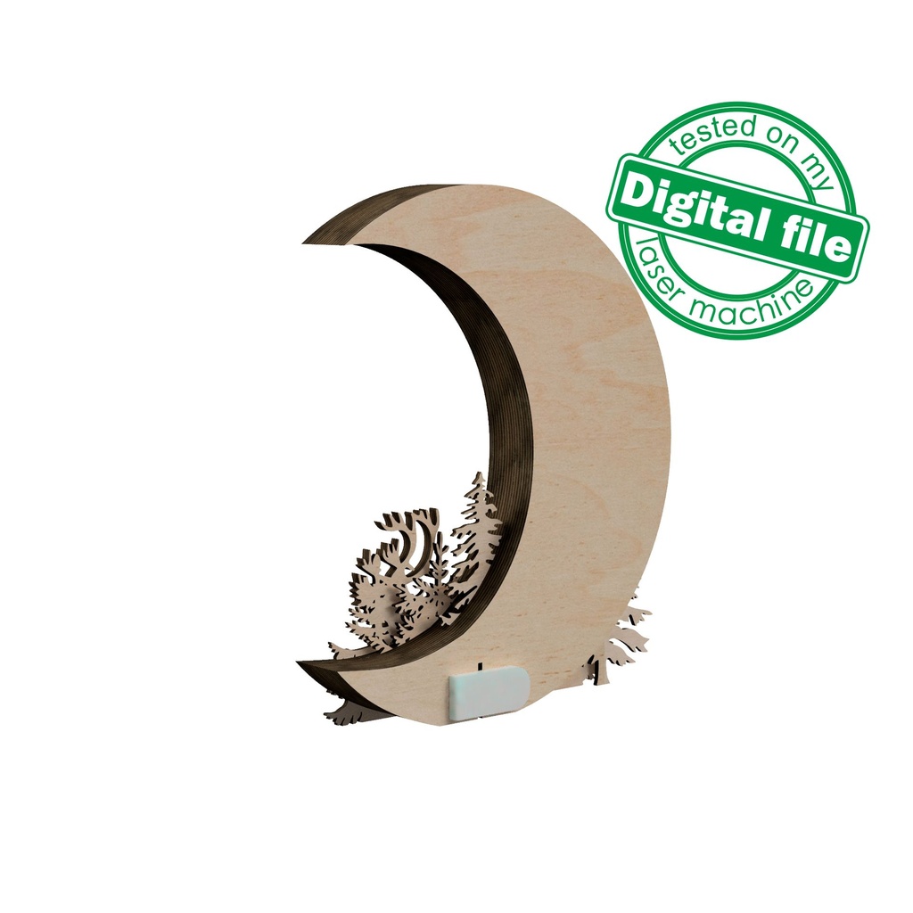DXF, SVG files for laser or plotter cutting Glowing Christmas decoration, winter forest, reindeer, crescent moon, starry night