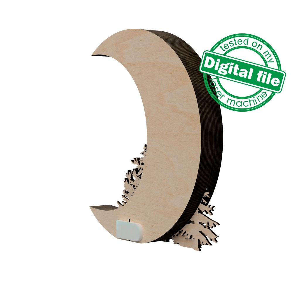 DXF, SVG files for laser or plotter cutting Glowing Christmas decoration, winter forest, reindeer, crescent moon, starry night