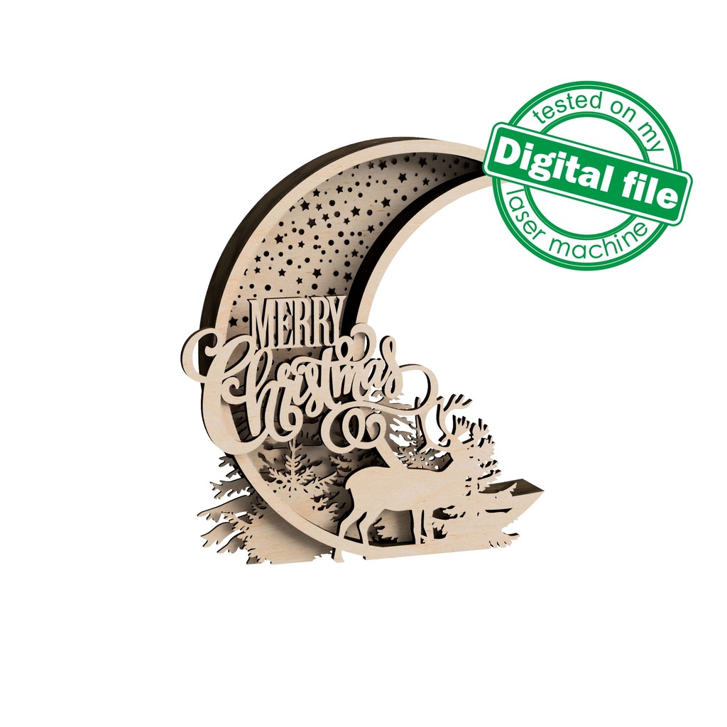 DXF, SVG files for laser or plotter cutting Glowing Christmas decoration, winter forest, reindeer, crescent moon, starry night