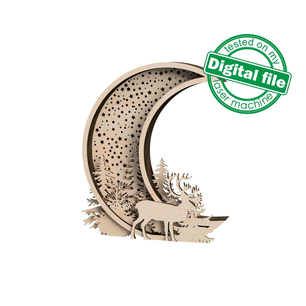 DXF, SVG files for laser or plotter cutting Glowing Christmas decoration, winter forest, reindeer, crescent moon, starry night