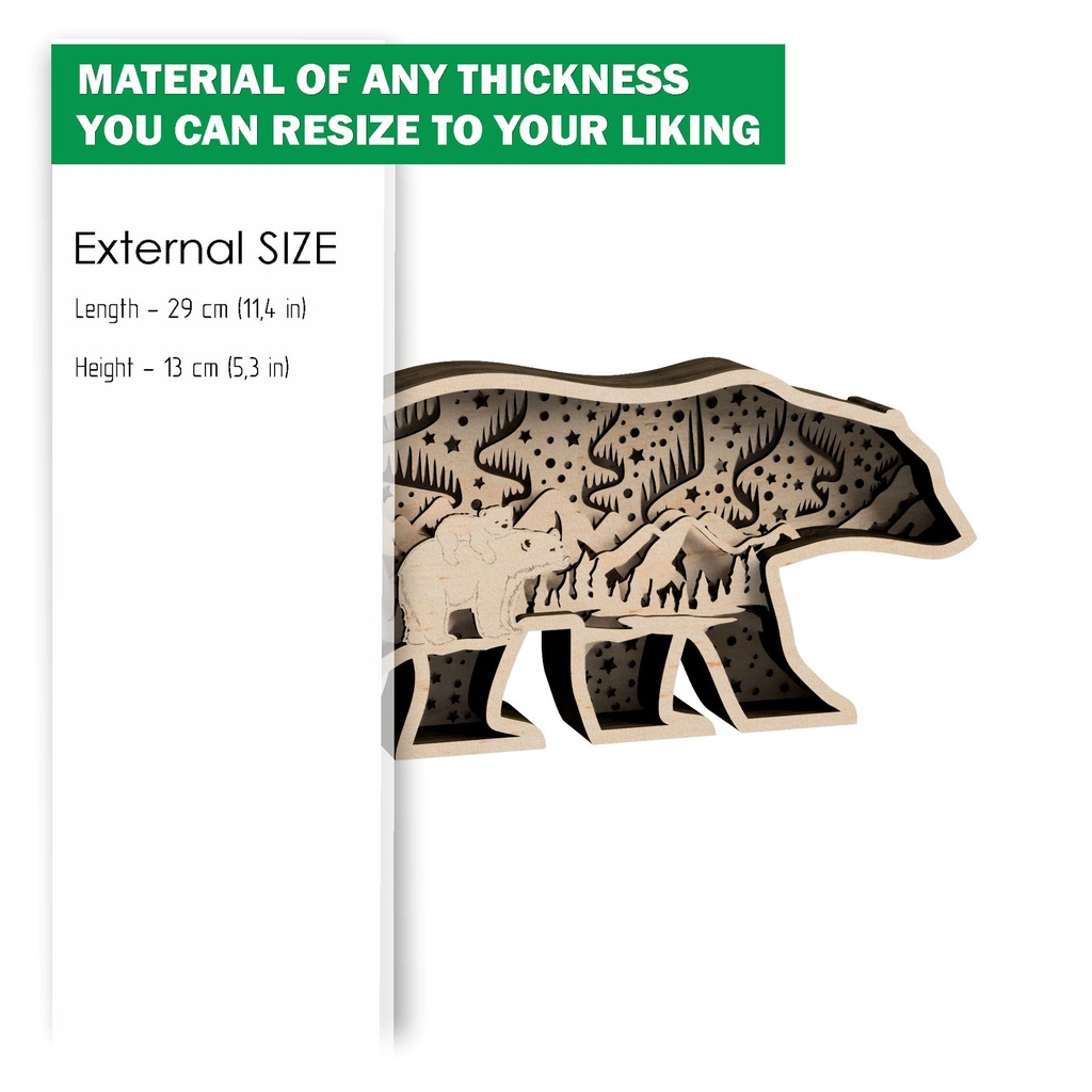 Files for laser or plotter Multilayer polar bear decoration, Northern Lights, aurora borealis, Nursery decoration, SVG, PDF, DXF