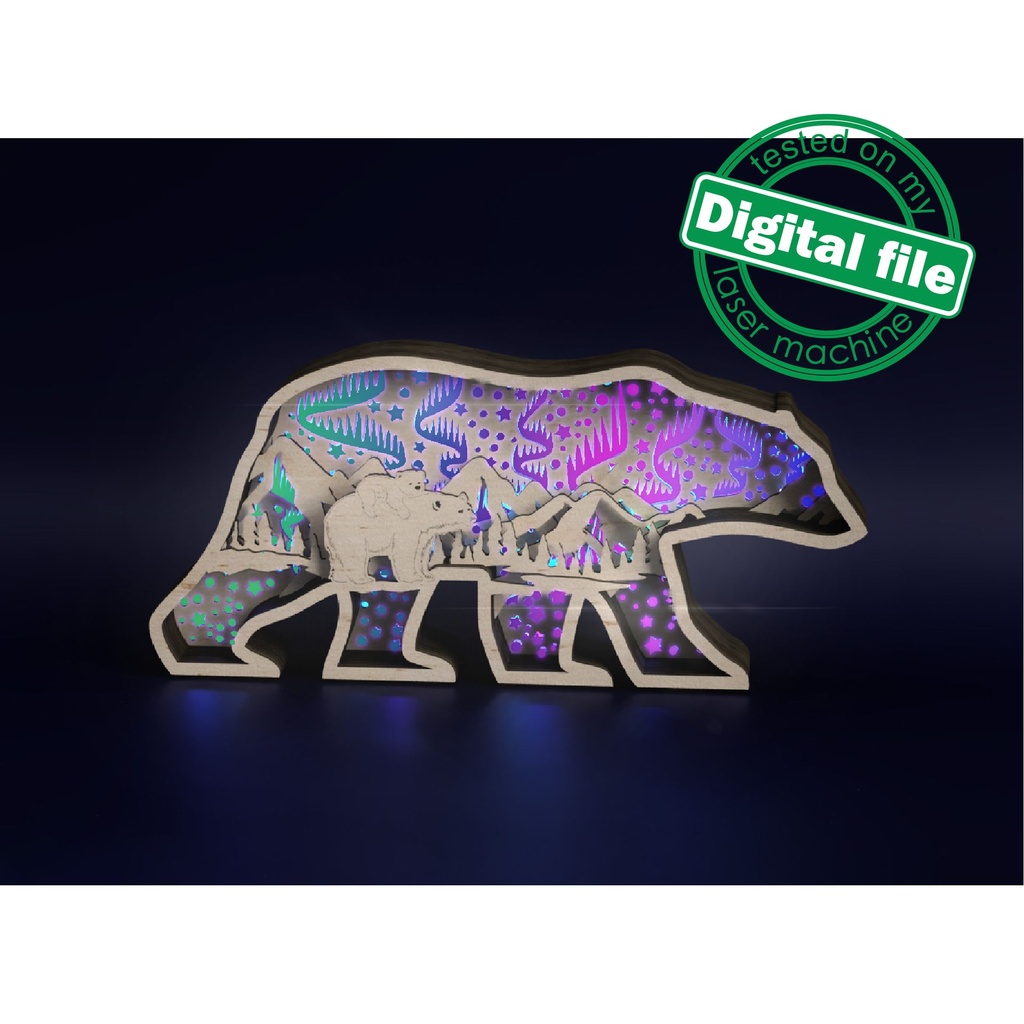Files for laser or plotter Multilayer polar bear decoration, Northern Lights, aurora borealis, Nursery decoration, SVG, PDF, DXF