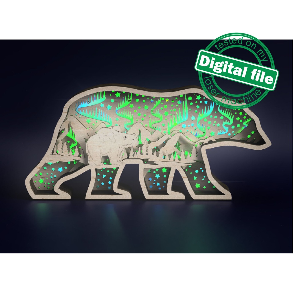 Files for laser or plotter Multilayer polar bear decoration, Northern Lights, aurora borealis, Nursery decoration, SVG, PDF, DXF