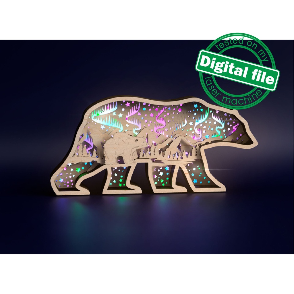 Files for laser or plotter Multilayer polar bear decoration, Northern Lights, aurora borealis, Nursery decoration, SVG, PDF, DXF
