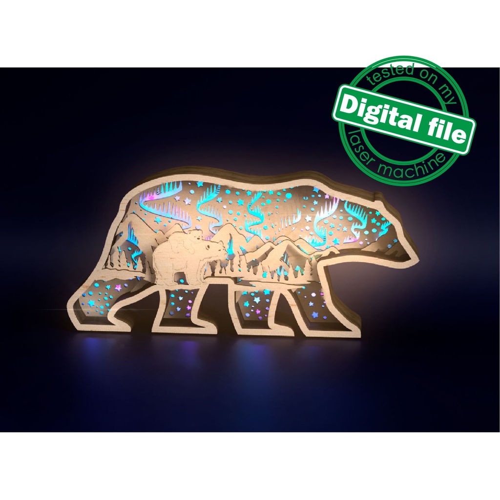 Files for laser or plotter Multilayer polar bear decoration, Northern Lights, aurora borealis, Nursery decoration, SVG, PDF, DXF