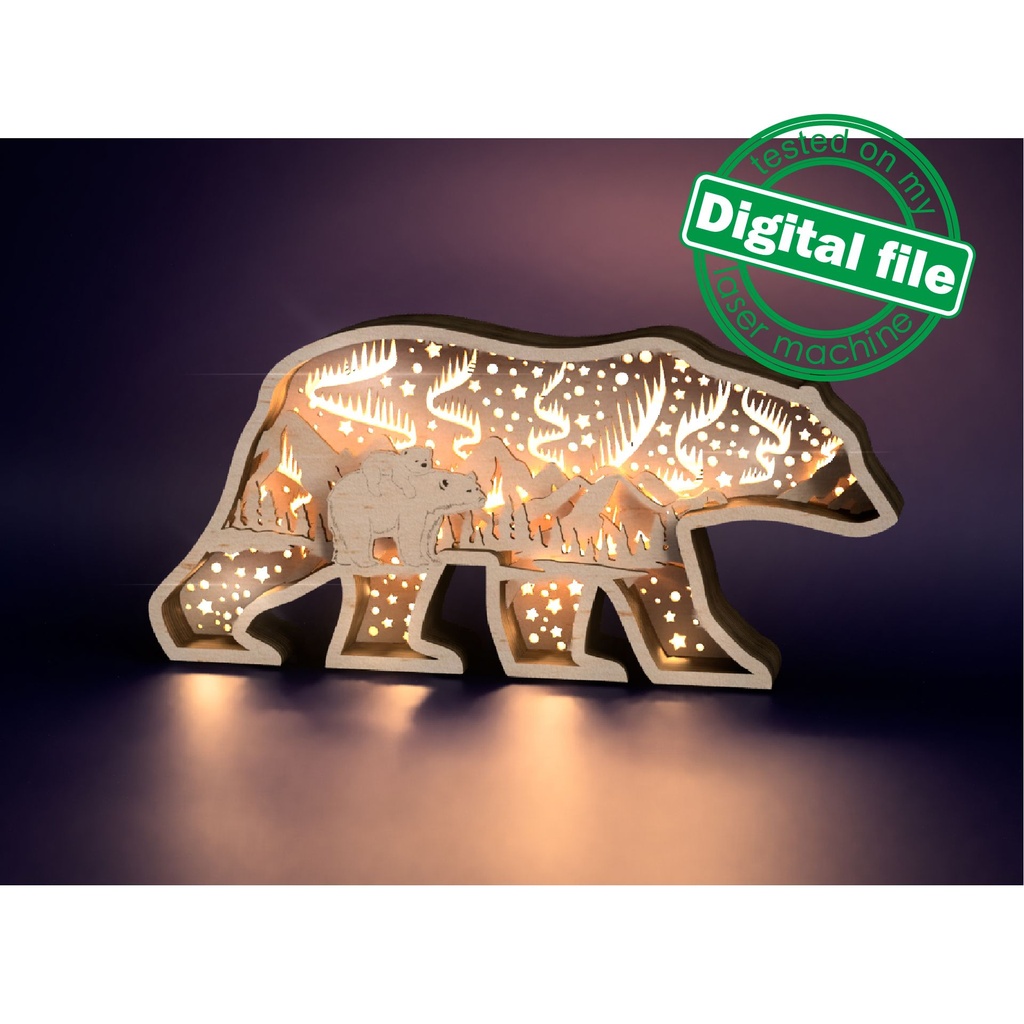 Files for laser or plotter Multilayer polar bear decoration, Northern Lights, aurora borealis, Nursery decoration, SVG, PDF, DXF