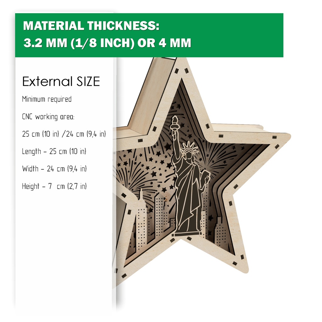 DXF, SVG files for laser, DIY Marquee Star Light, Lightbox,Statue of Liberty,4th of july, fireworks, Glowforge,Material 1/8'' (3 mm) or 4 mm