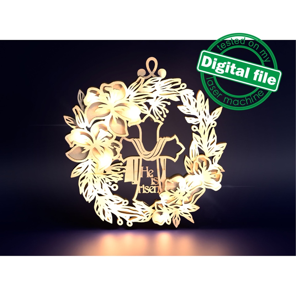 DXF, SVG files for laser Layered Wreath, Religious Easter, Spring Decor, Cross, Lilies, Rosehip Flowers, Door sign,material of any thickness