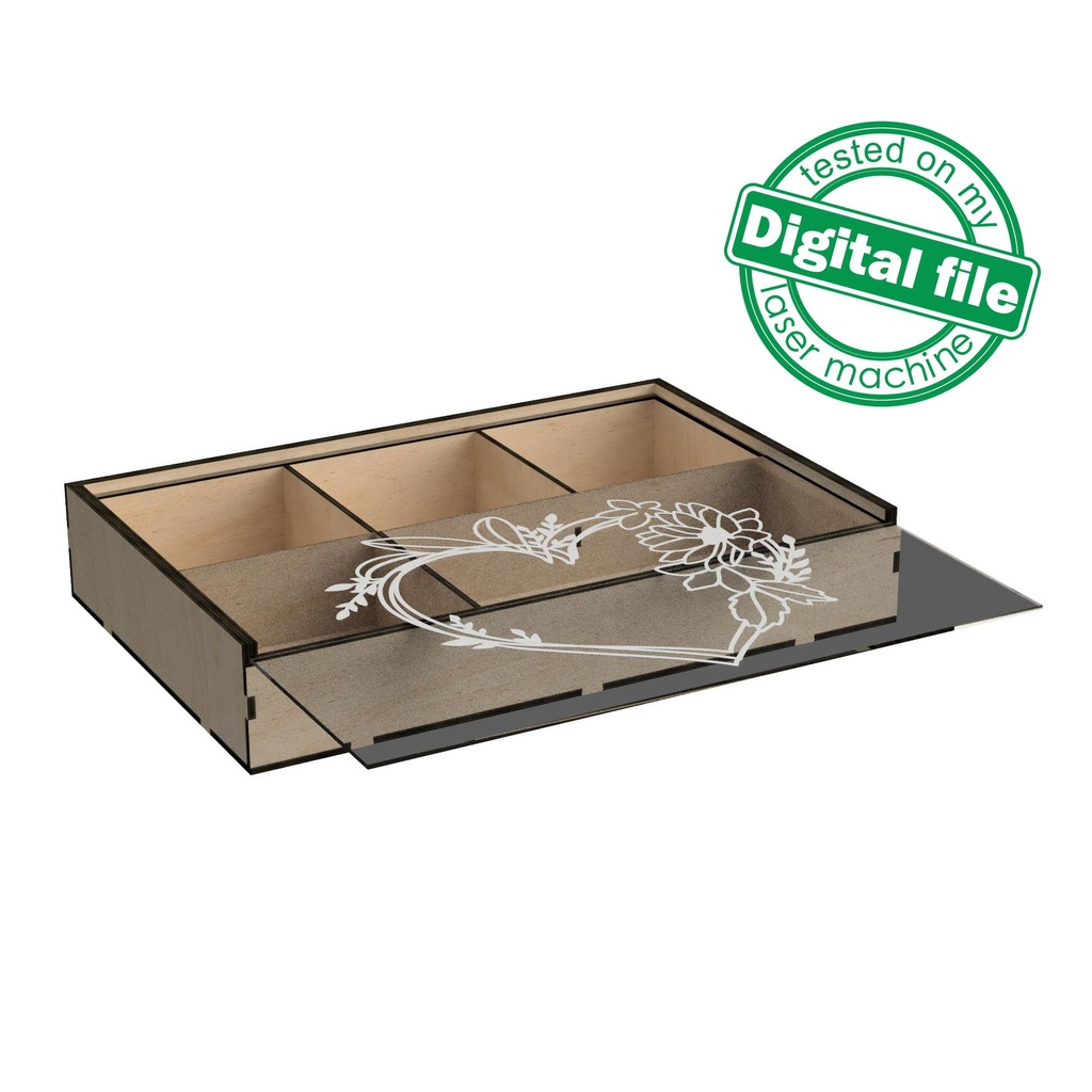 DXF, SVG files for Laser Cut Box with Sliding Lid, Drawers, Souvenir, Small Items Storage, Memorabilia, calligraphy, Material 1/8'' (3.2 mm)