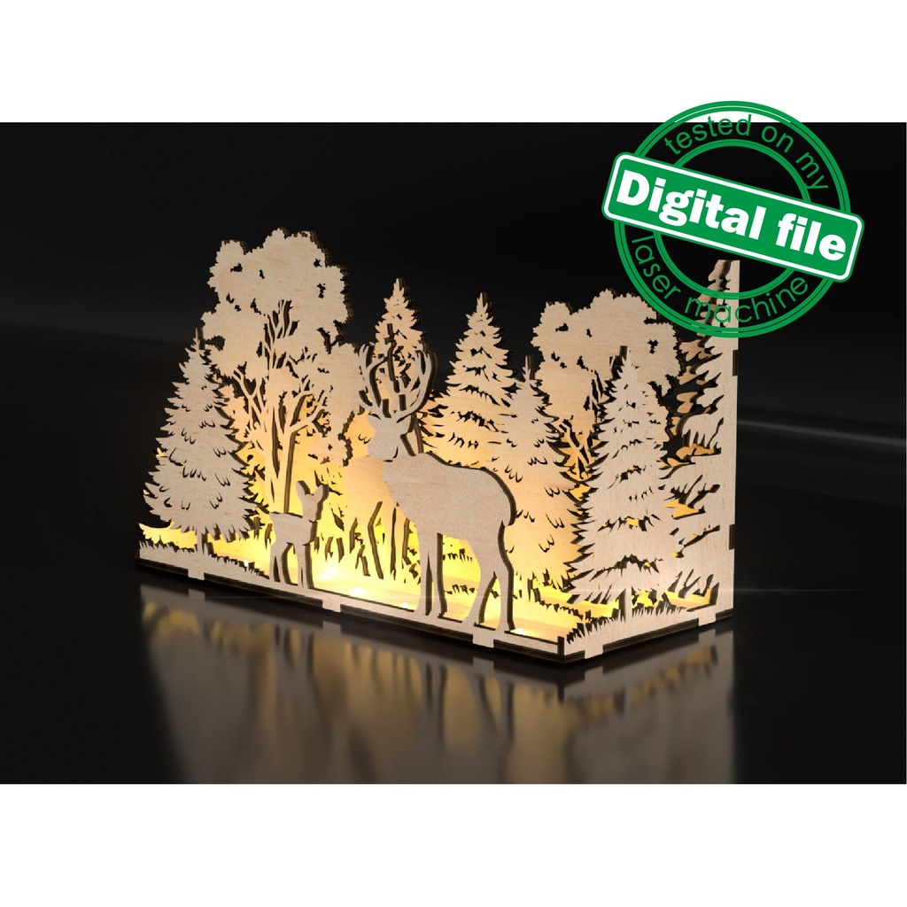 DXF, SVG files for laser Diorama family of deer in the forest, 3d shadow box, Decorative night lamp, Nursery decor, Multilayered Light box