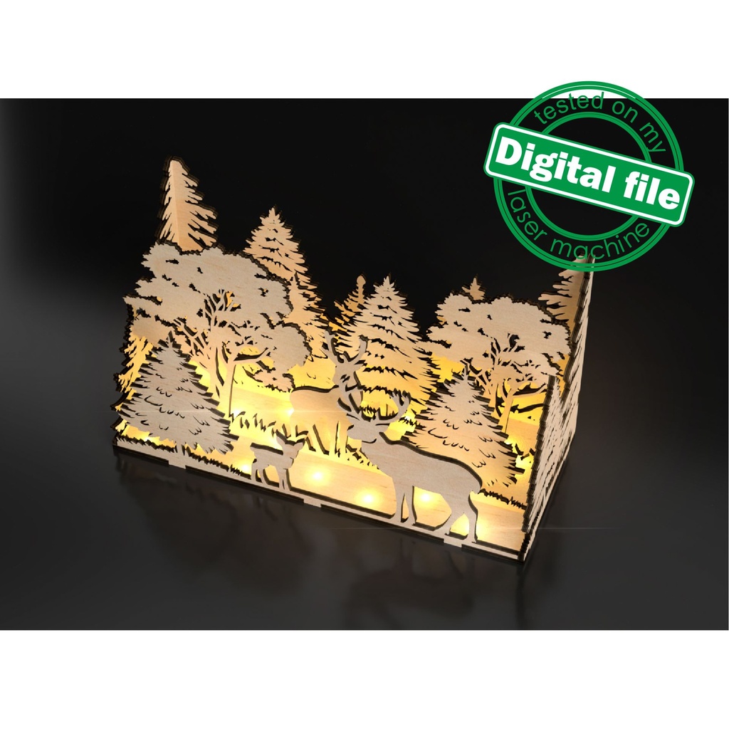 DXF, SVG files for laser Diorama family of deer in the forest, 3d shadow box, Decorative night lamp, Nursery decor, Multilayered Light box