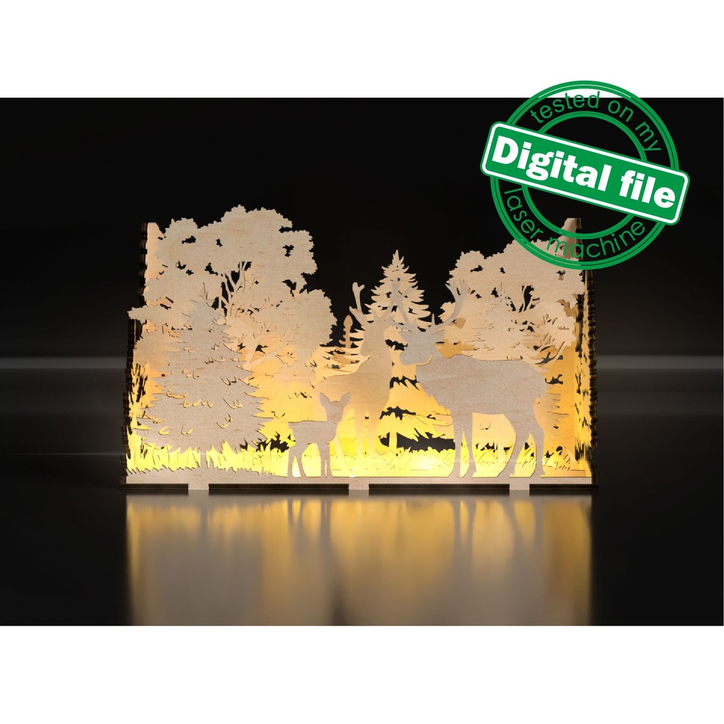 DXF, SVG files for laser Diorama family of deer in the forest, 3d shadow box, Decorative night lamp, Nursery decor, Multilayered Light box