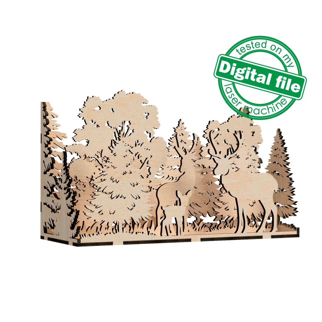 DXF, SVG files for laser Diorama family of deer in the forest, 3d shadow box, Decorative night lamp, Nursery decor, Multilayered Light box