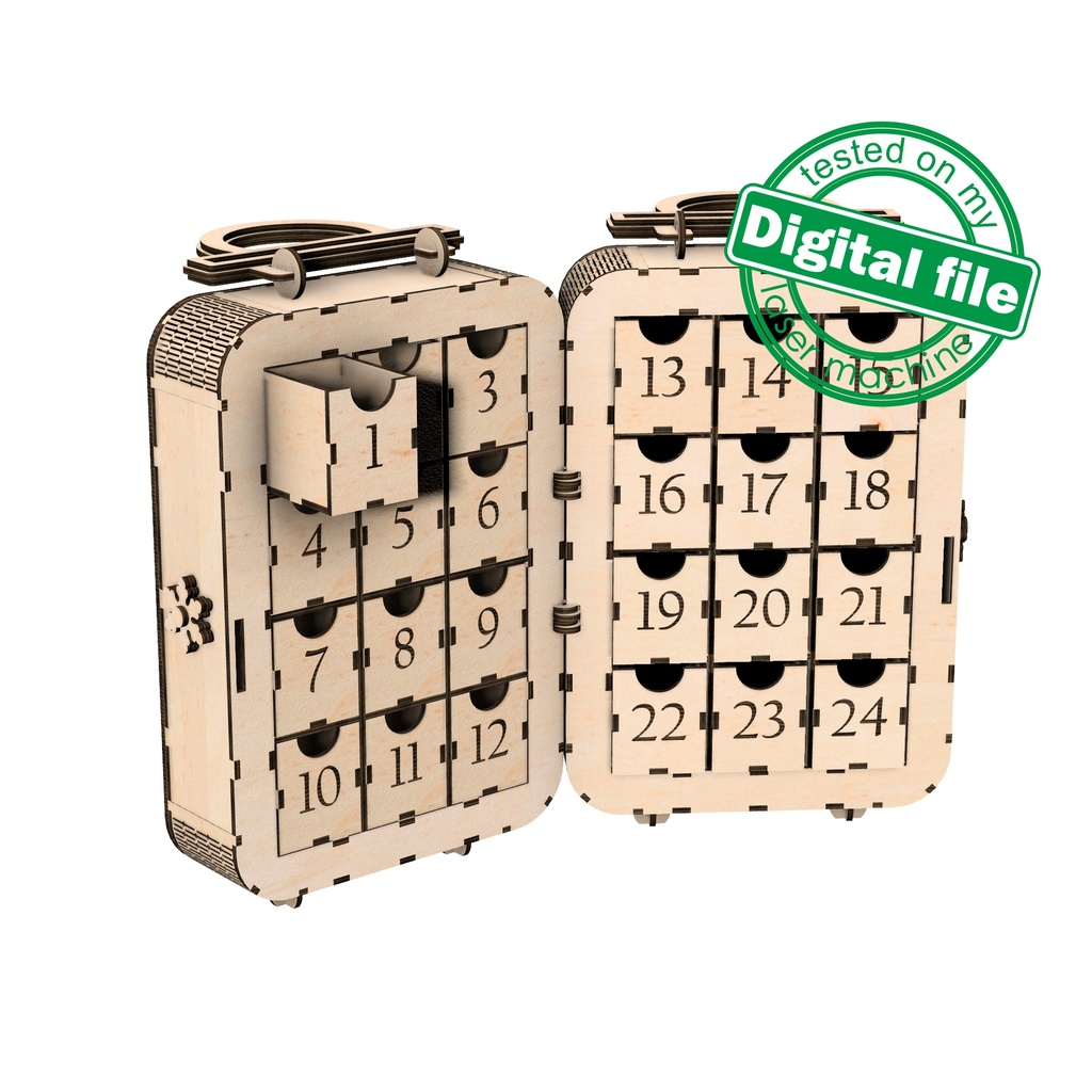 DXF, SVG file for laser Advent calendar Vintage Suitcase, Christmas bell with bow, snowflakes, holly night, poinsettia Plywood or MDF 3.2 mm