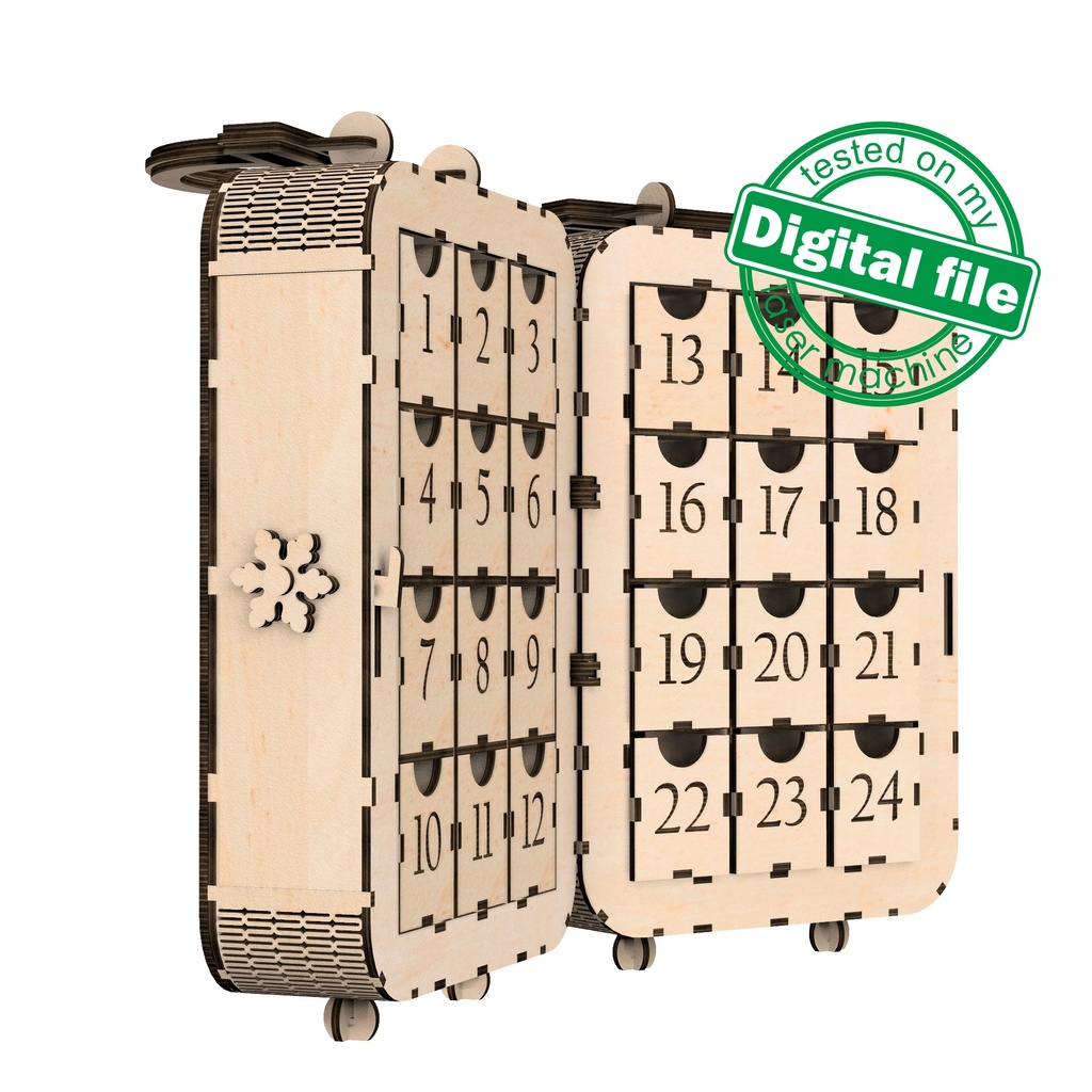 DXF, SVG file for laser Advent calendar Vintage Suitcase, Christmas bell with bow, snowflakes, holly night, poinsettia Plywood or MDF 3.2 mm