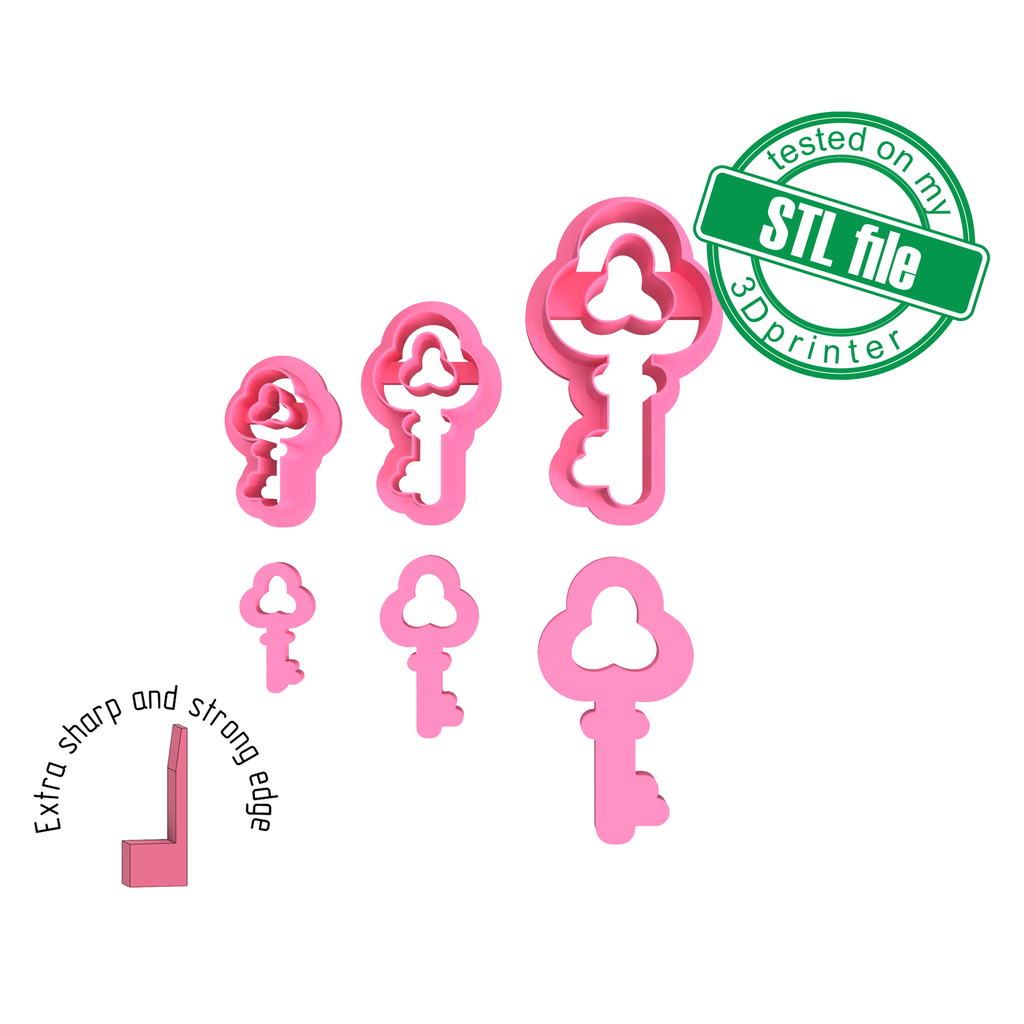 Key#2, 3 Sizes, Digital STL File For 3D Printing, Polymer Clay Cutter, Earrings, Cookie, sharp, strong edge