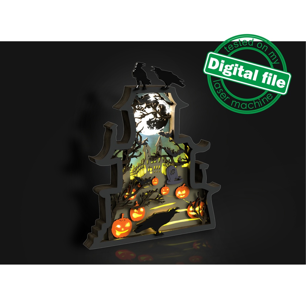 DXF, SVG files for laser Light Halloween Decor, Haunted House, Pumpkins, Scary Trees, Graveyard, Old Castle, Crow, Glowing moon