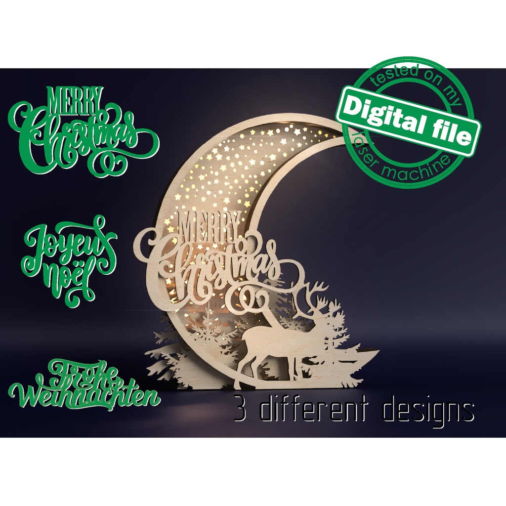 DXF, SVG files for laser or plotter cutting Glowing Christmas decoration, winter forest, reindeer, crescent moon, starry night