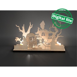 [0184146] DXF, SVG files for laser Halloween Candle holders, Old castle, Cemetery, Graves, Scary Trees, Material thickness 1/8 inch (3.2 mm)
