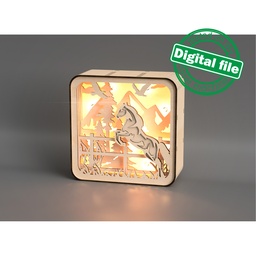 [00187717] DXF, SVG files for laser Light box Horse and mountains, Shadowbox, Vector project, Glowforge, Material thickness 1/8 inch (3.2 mm)
