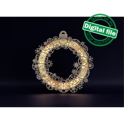 [0179087] DXF, SVG files for laser Light-Up Christmas wreath with Snowflakes, Led strip, Glowforge, Door sign, Shadow box, Winter decoration