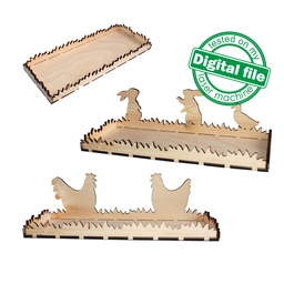 [00185452] DXF, SVG files for laser Easter Tray or Candle holder, 3 Designs, Rabbit, Bunny, Rooster, Two different material thickness 3.2 / 6.4 mm